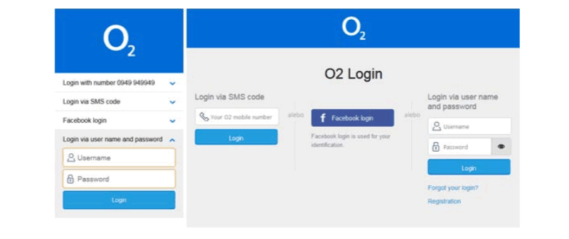 Mobile and desktop login screen customized by O2 using responsive design.